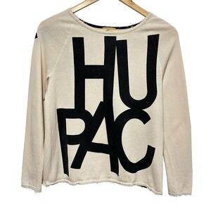Annette Gortz Graphic Sweater Womens XS Cream Black Raw Hem Cotton Terry Modern